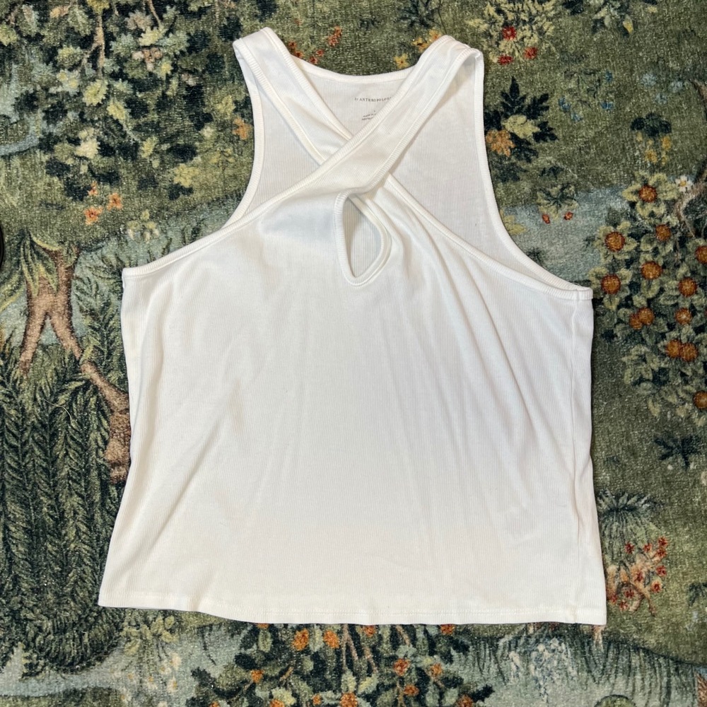Anthropologie White Ribbed Criss Cross Halter Keyhole Tank Top Large OB1511275